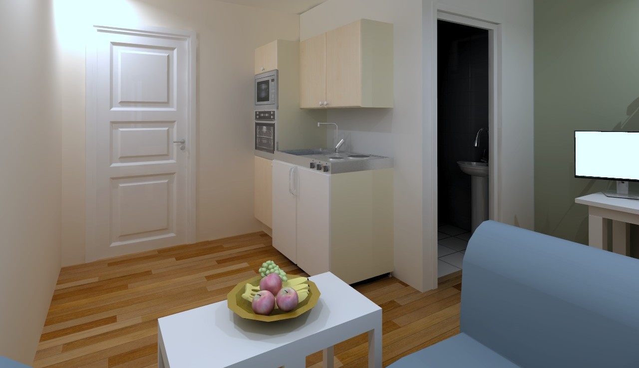 Vue 3D de l'aménagement du studio