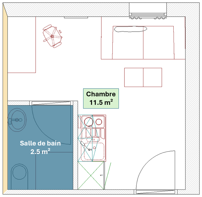 Plan 2D du studio 14m2